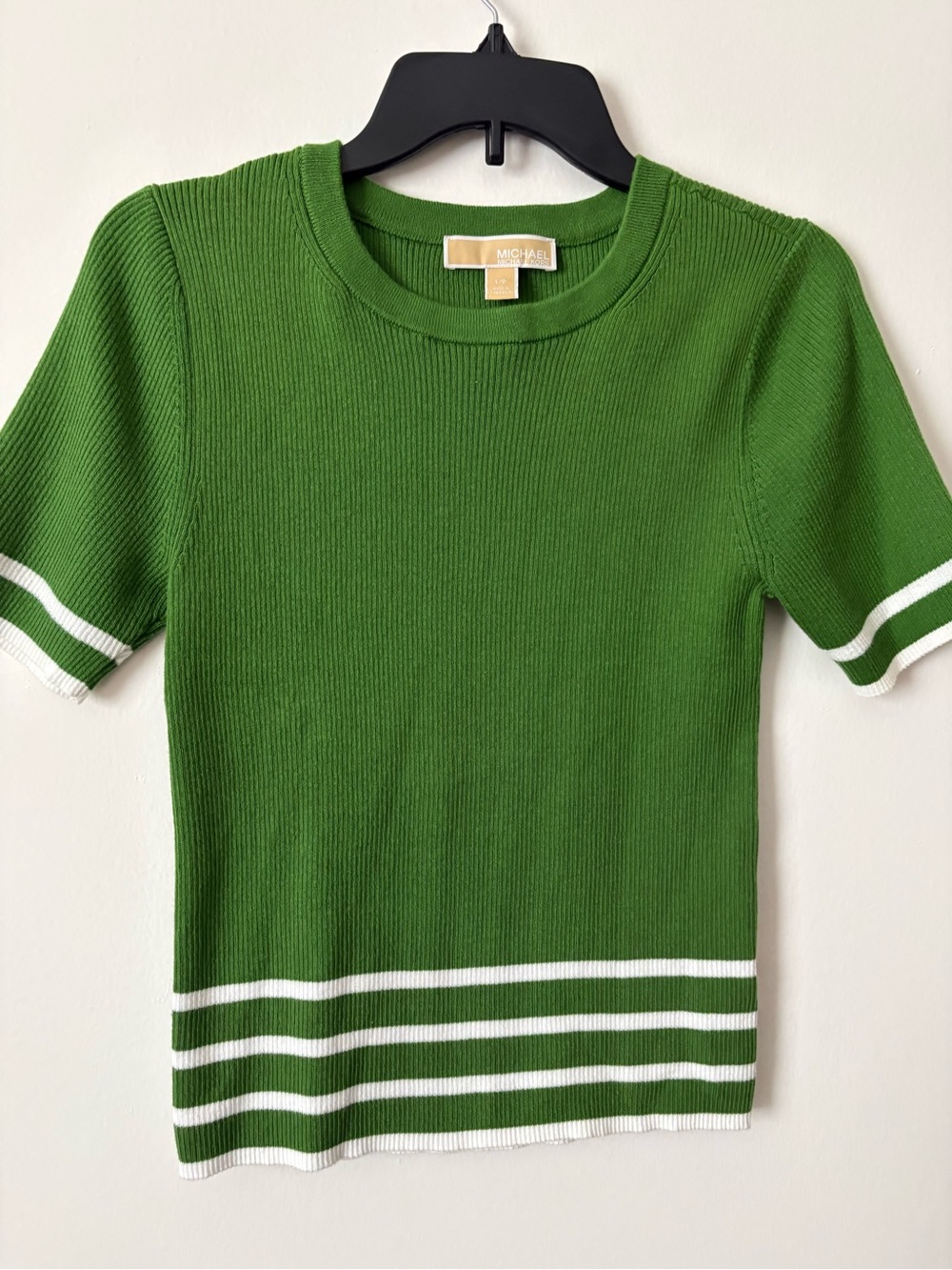 Michael Kors Green Short Sleeve Ribbed Tee with White Stripe Detail